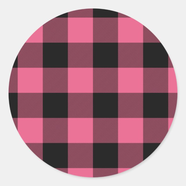 Adesivo Redondo Quadrados Xadrez Rosa e Preto Buffalo Plaid (Frente)