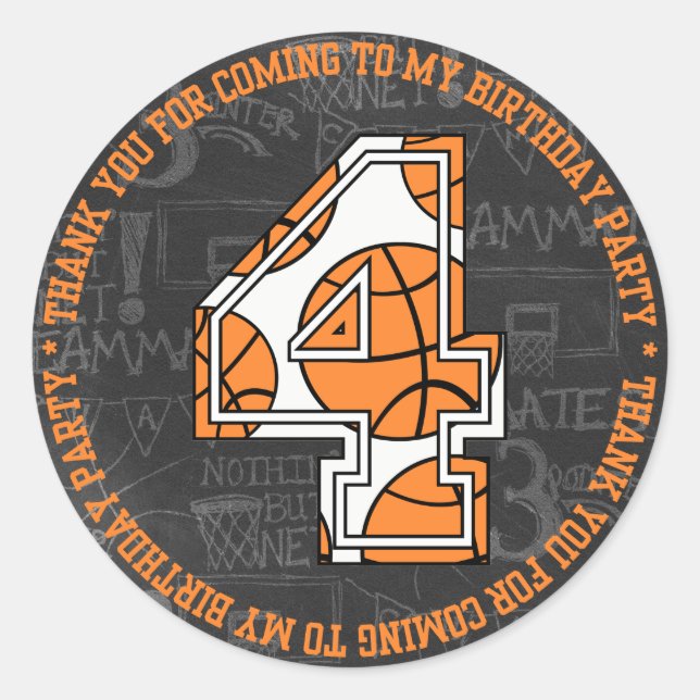 Adesivo Redondo Quadro de Basquete 4º Aniversário Obrigado (Frente)