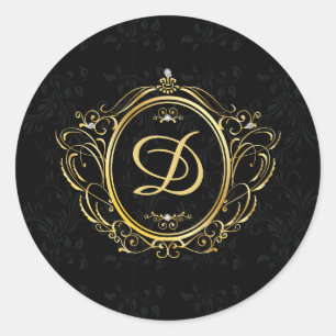 Adesivo Redondo Quadro do ouro do vintage com fundo do preto do