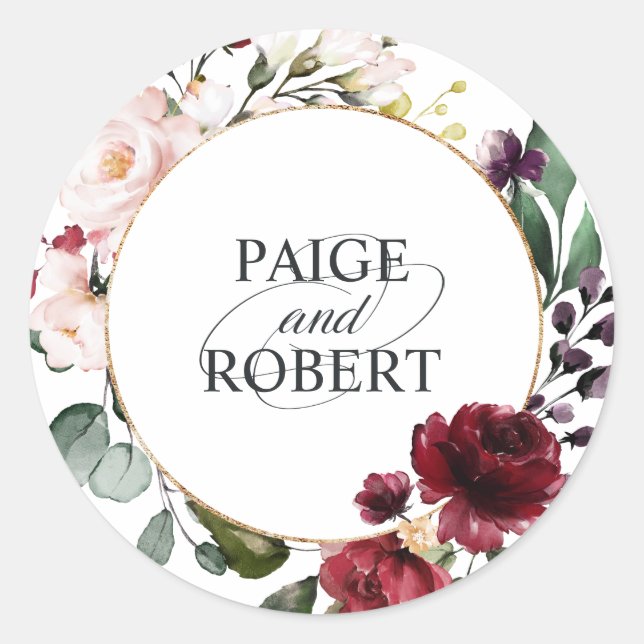 Adesivo Redondo Quadro Floral na Borgonha e Dourado (Frente)