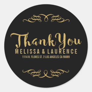 Adesivo Redondo Quadro Glitter Preto e Dourado Obrigado Texto Mode