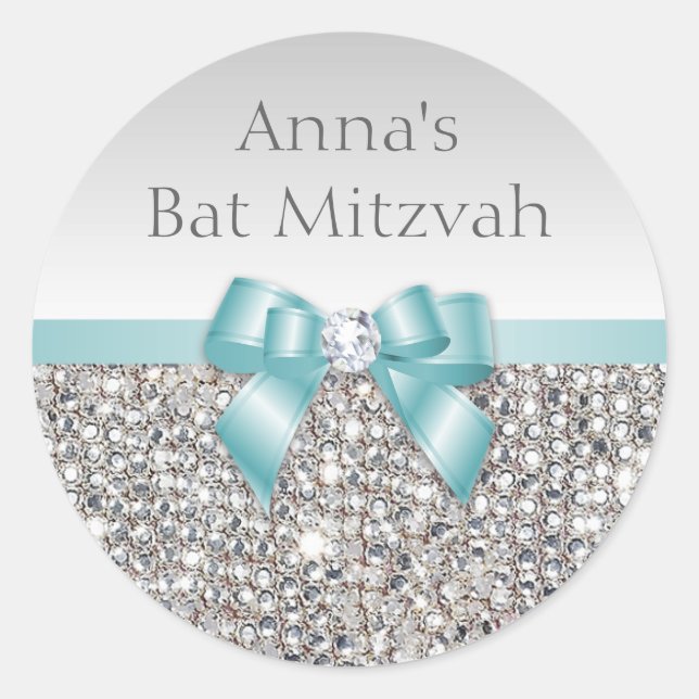 Adesivo Redondo Qualquer Evento Faux Silver Sequências de Teal Arc (Frente)