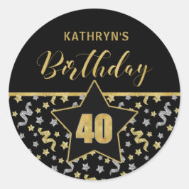 Adesivo Redondo Quarto Aniversário, Negro e Dourado Confetti