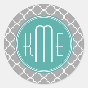 Adesivo Redondo Quatrefoil cinzento com monograma feito sob