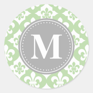 Adesivo Redondo Quatrefoil Fleur-De-Lis Mint Cinza Verde Monograma