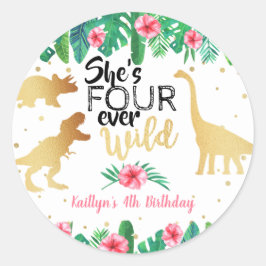 Adesivo Redondo Quatro Raparigas Dinossauras Selvagens 4º Aniversá