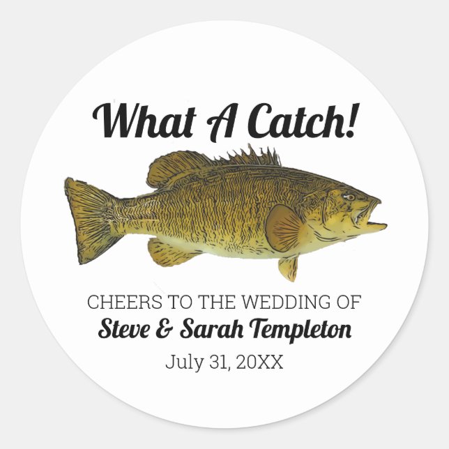 Adesivo Redondo Que Favor de Casamento de Boca-Pequena Pesca (Frente)