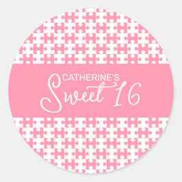 Adesivo Redondo Quebra-cabeça, Cor-De-Rosa E Branco, Com Um Docinh