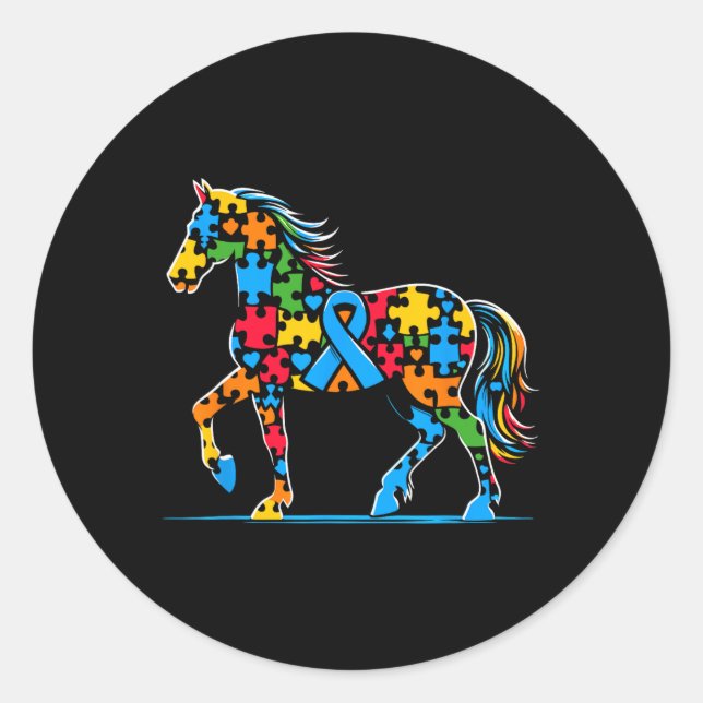 Adesivo Redondo Quebra-cabeça de Cavalo Autismo Sensibilização Mul (Frente)