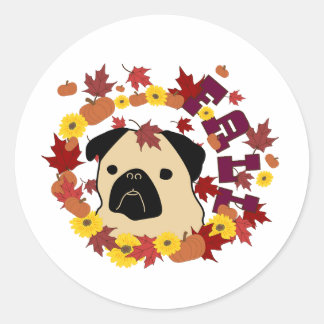 Adesivo Redondo Quebra de Pug com Folhas, Pumpkins e Girassóis