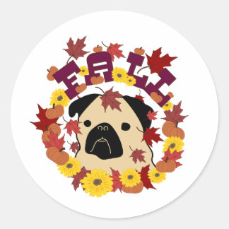 Adesivo Redondo Quebra de Pug com Folhas, Pumpkins e Girassóis