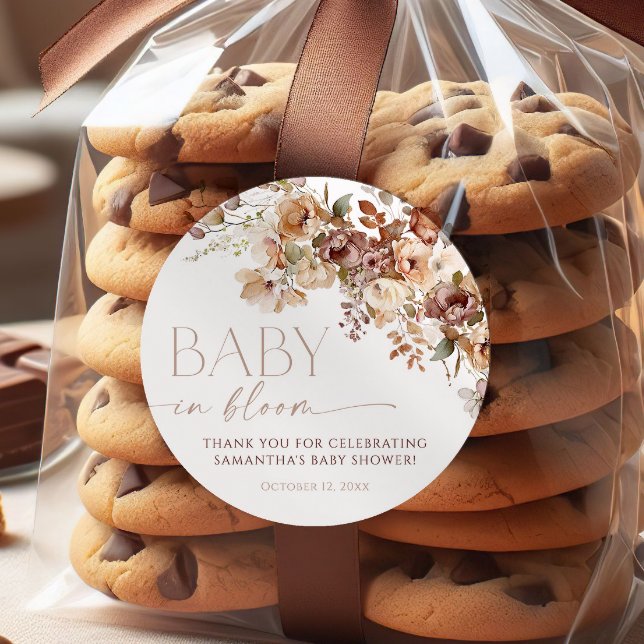 Adesivo Redondo Queda do bebê neutro floral castanho em chá de flo (Criador carregado)