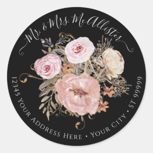 Adesivo Redondo  Queda Floral Preto Branco Cor de Água Rosa Rosa 