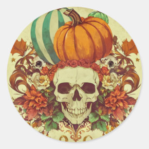 Adesivo Redondo Queda/outono/Halloween/abóbora/esqueleto