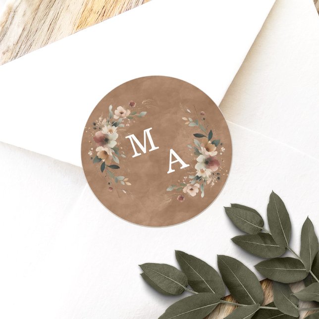 Adesivo Redondo Queda Terracotta Floral Wreath Casamento Monograma (Seal your wedding details with love using our custom monogram stickers, tailored for elegance.)