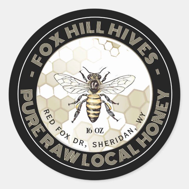 Adesivo Redondo Queen Bee Honey Honeycomb em Black Label (Frente)