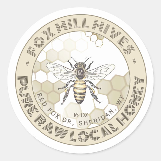 Adesivo Redondo Queen Bee Honey Honeycomb em White Label (Frente)