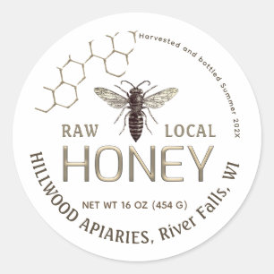 Adesivo Redondo Queen Bee Honey Jar Label Raw Local Honeycomb