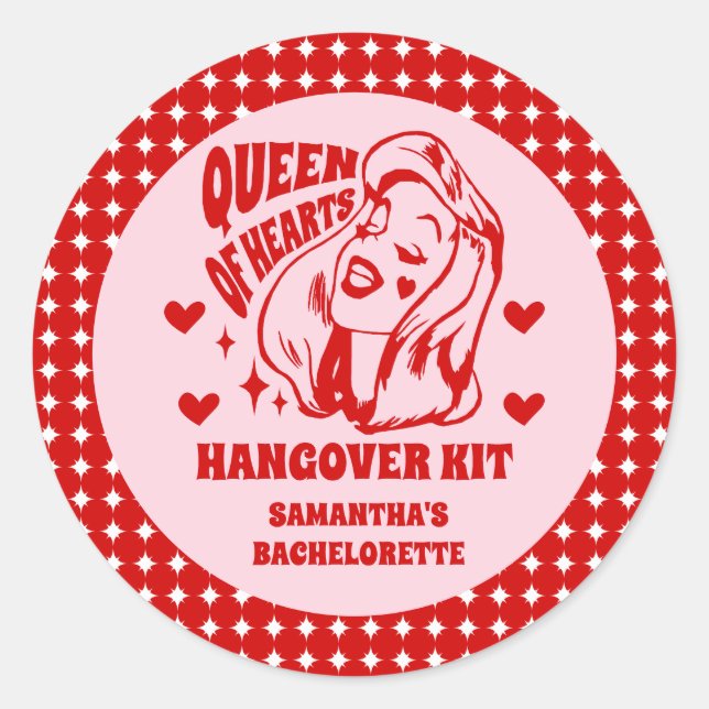 Adesivo Redondo Queen of Hearts Bachelorette Party Hangover Kit (Frente)