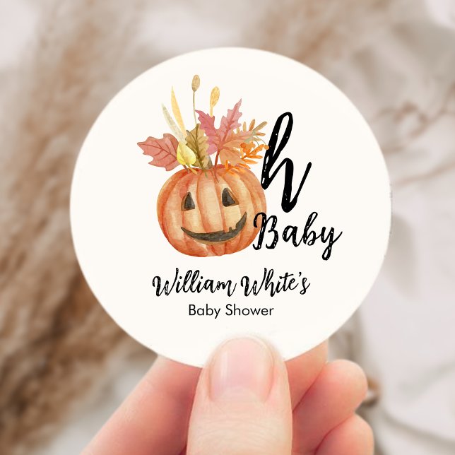 Adesivo Redondo Querida! Chá de fraldas Folha de Abóbora de Folha  (Oh Baby! Halloween Fall Pumpkin Leave Baby Shower Classic Round Sticker)
