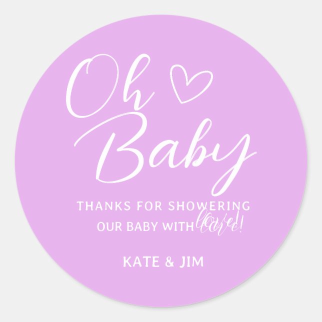 Adesivo Redondo Querida Lavanda Roxa, Chá de fraldas Obrigado (Frente)