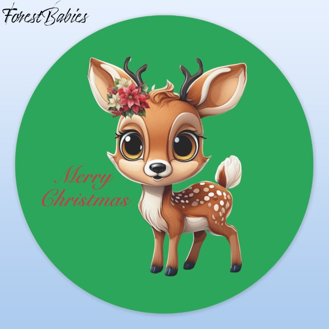 Adesivo Redondo Querida Veado, Fawn, Doce, Reindeer 🦌 🎄 Natal Ve (ForestBabies Floral Baby Deer, Fawn, Doe, Reindeer Antler Lover, Green Festive Xmas Sticker 🦌🎄)