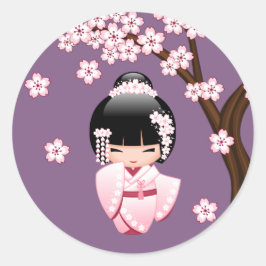 Adesivo Redondo Quimono Rosa Boneca Kokeshi Kawaii no Roxo