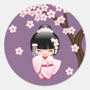 Adesivo Redondo Quimono Rosa Boneca Kokeshi Kawaii no Roxo