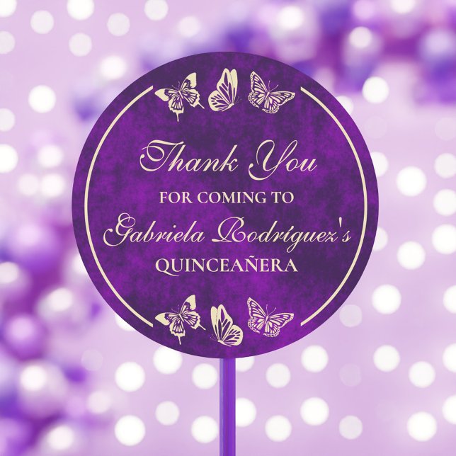 Adesivo Redondo Quinceañera, 15 Anos, Borboletas Douradas Roxas (Purple Gold Butterflies 15 Years Old Quinceañera Classic Round Sticker)