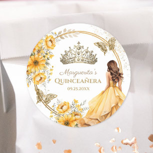 Adesivo Redondo Quinceañera Amarelo Floral Tiara Borboleta Dourada