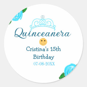 Adesivo Redondo Quinceanera anos 15 de aniversário rosa arte azul