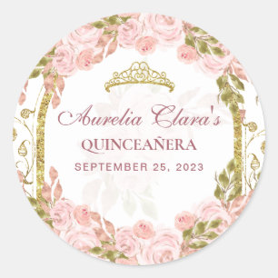Adesivo Redondo Quinceanera, Arca Dourada Princesa Floral Rosa Esb