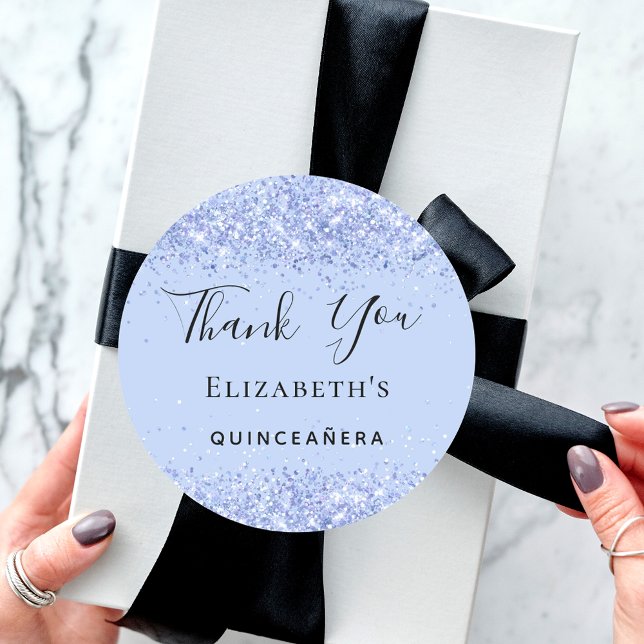Adesivo Redondo Quinceanera baby blue glitter pó Obrigado (Criador carregado)