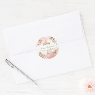 Adesivo Redondo Quinceañera Bege Rosa Floral Dourado
