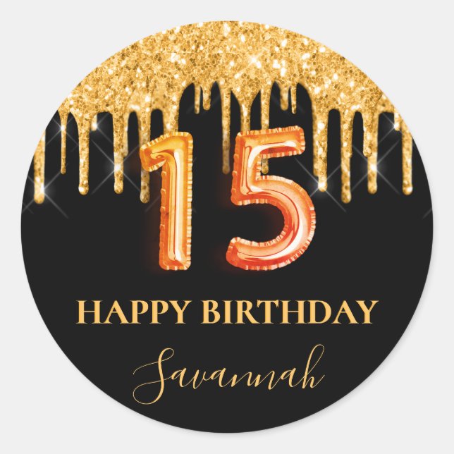 Adesivo Redondo Quinceanera Black Gold Gliter - estilo balão (Frente)