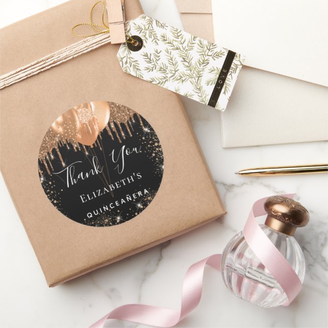 Adesivo Redondo Quinceanera Black gold gliter nome obrigado você (Presentear)