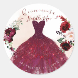 Adesivo Redondo Quinceanera Blush Burgundy Flores de Aquarela