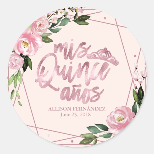 Adesivo Redondo Quinceanera Blush Floral (Frente)