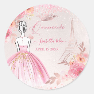 Adesivo Redondo Quinceanera Blush Rosa Rosa Dourada Torre Eiffel