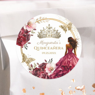 Adesivo Redondo Quinceañera Borgonha Bege Dourado Floral Princesa