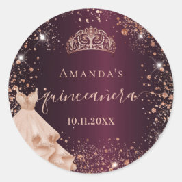 Adesivo Redondo Quinceanera burgundy rosa dourado nome script