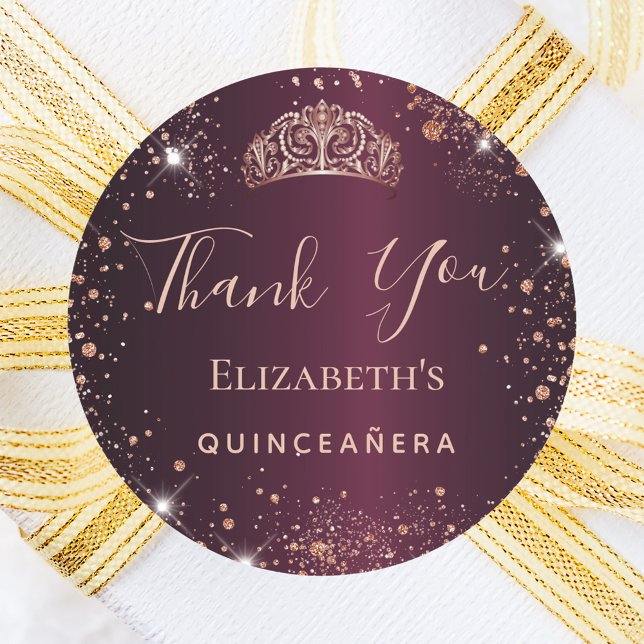 Adesivo Redondo Quinceanera burgundy rosa gold tiara obrigado (Criador carregado)