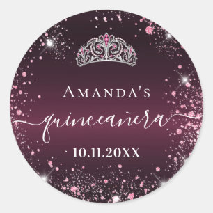 Adesivo Redondo Quinceanera burgundy rosa tiara