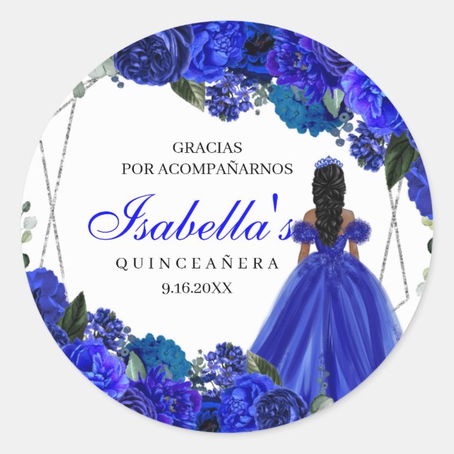 Adesivo Redondo Quinceanera Clássica Real Azul e Prata Floral R (Frente)