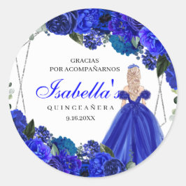 Adesivo Redondo Quinceanera Clássica Real Azul e Prata Floral R