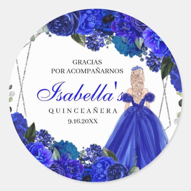 Adesivo Redondo Quinceanera Clássica Real Azul e Prata Floral R (Frente)