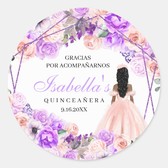 Adesivo Redondo Quinceanera Clássica, Rosa E Púrpura, Quilás Cláss (Frente)