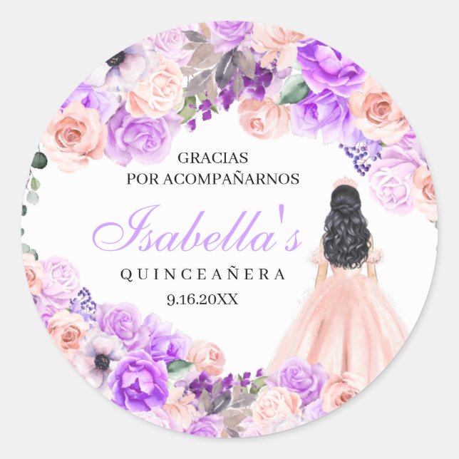 Adesivo Redondo Quinceanera Clássica, Rosa E Púrpura, Quilás Cláss (Frente)
