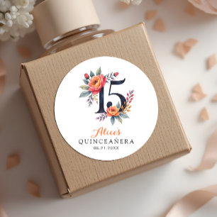 Adesivo Redondo Quinceanera de Aniversário de 15 Anos Floral em Aq