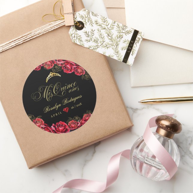 Adesivo Redondo Quinceanera - diamante vermelho-preto (Presentear)